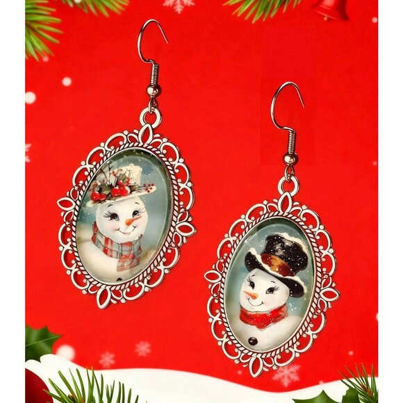 Christmas Snowman Cabuchon Earrings - Picture 1 of 2
